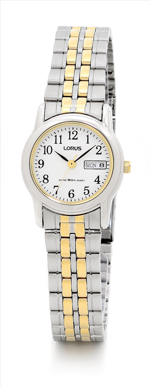Lorus ladies 2 tone day date, White dial 50m Water resistant