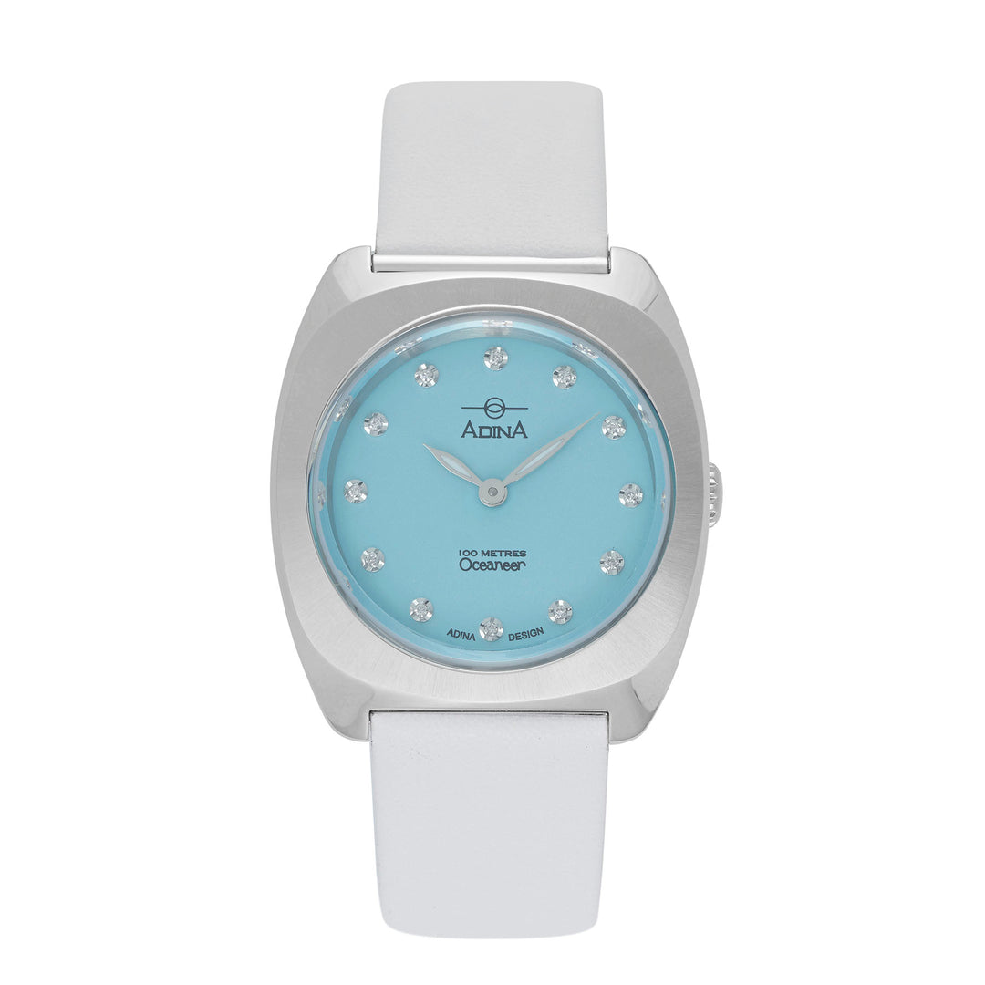 Adina Ladies 100M Oceaneer Light Blue Index Sapp White Leather Strap