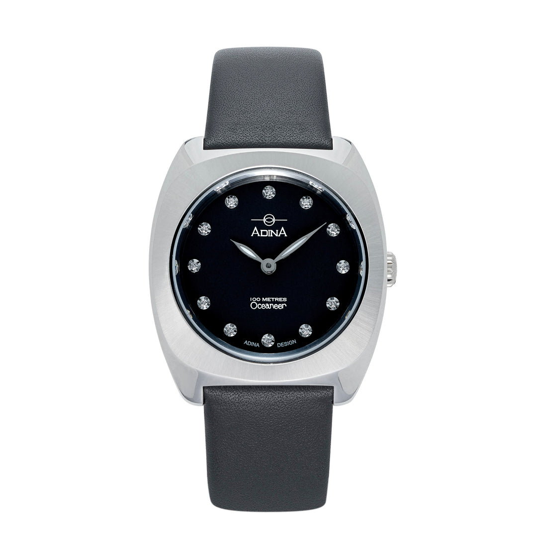 Adina Ladies 100M Oceaneer Grey Index Sapph Black Leather Strap