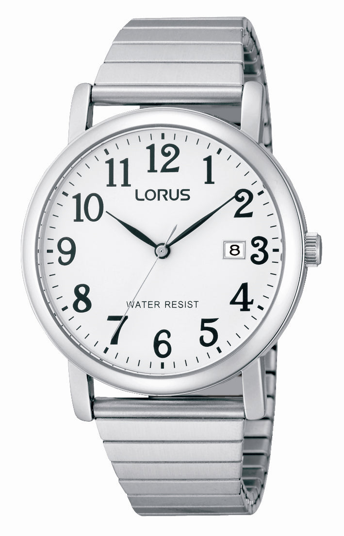 Watch - Lorus gents, Stainless steel, White dial, Stretch band, Date