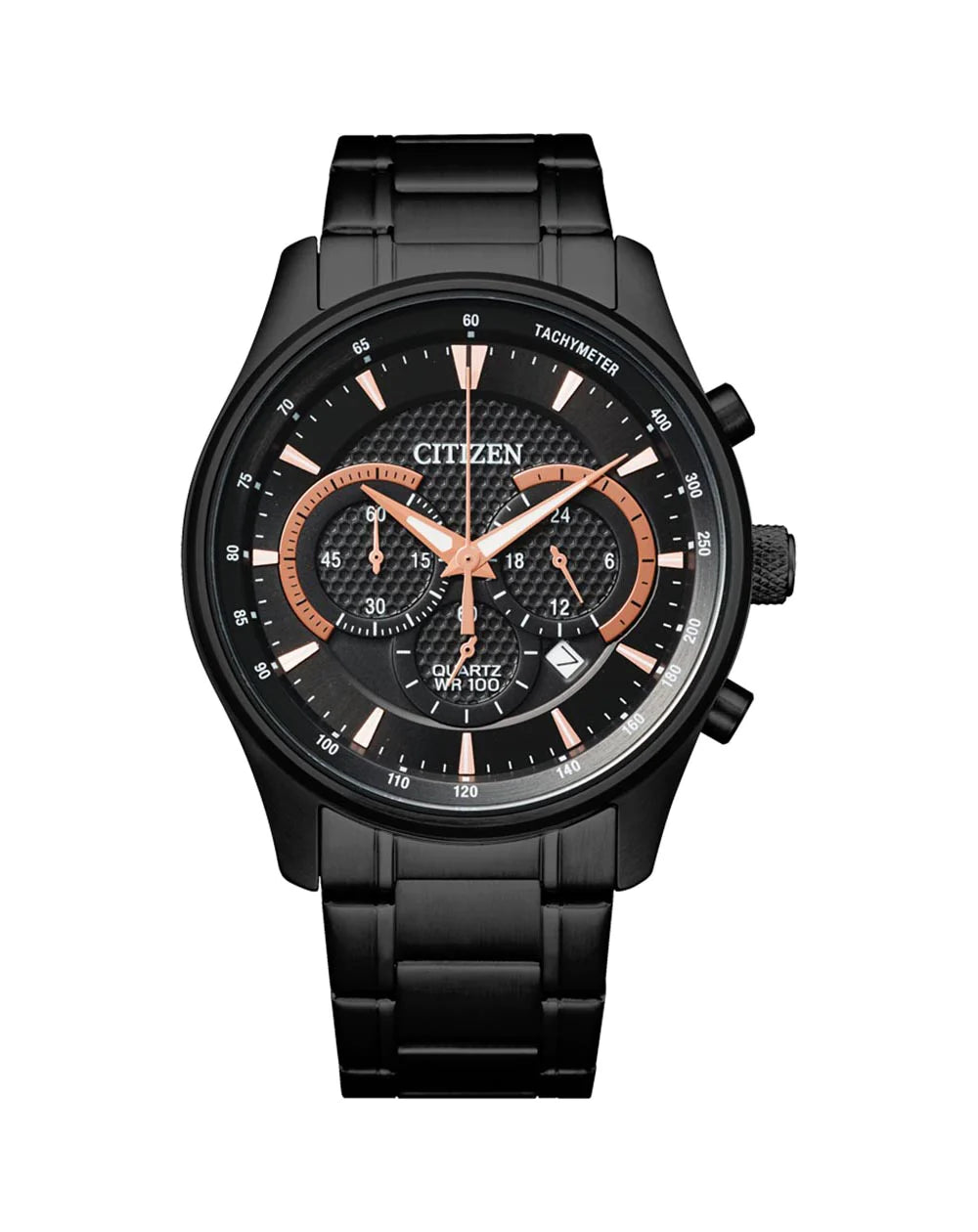 Gents Citizen Quartz Black Rose Gold Chrono 100M WR