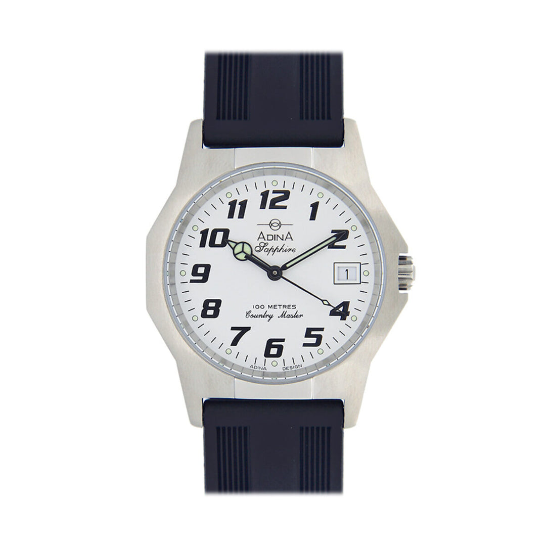 Gents Adina Country Master 100M Saph Glass S/S White F/F Black Strap