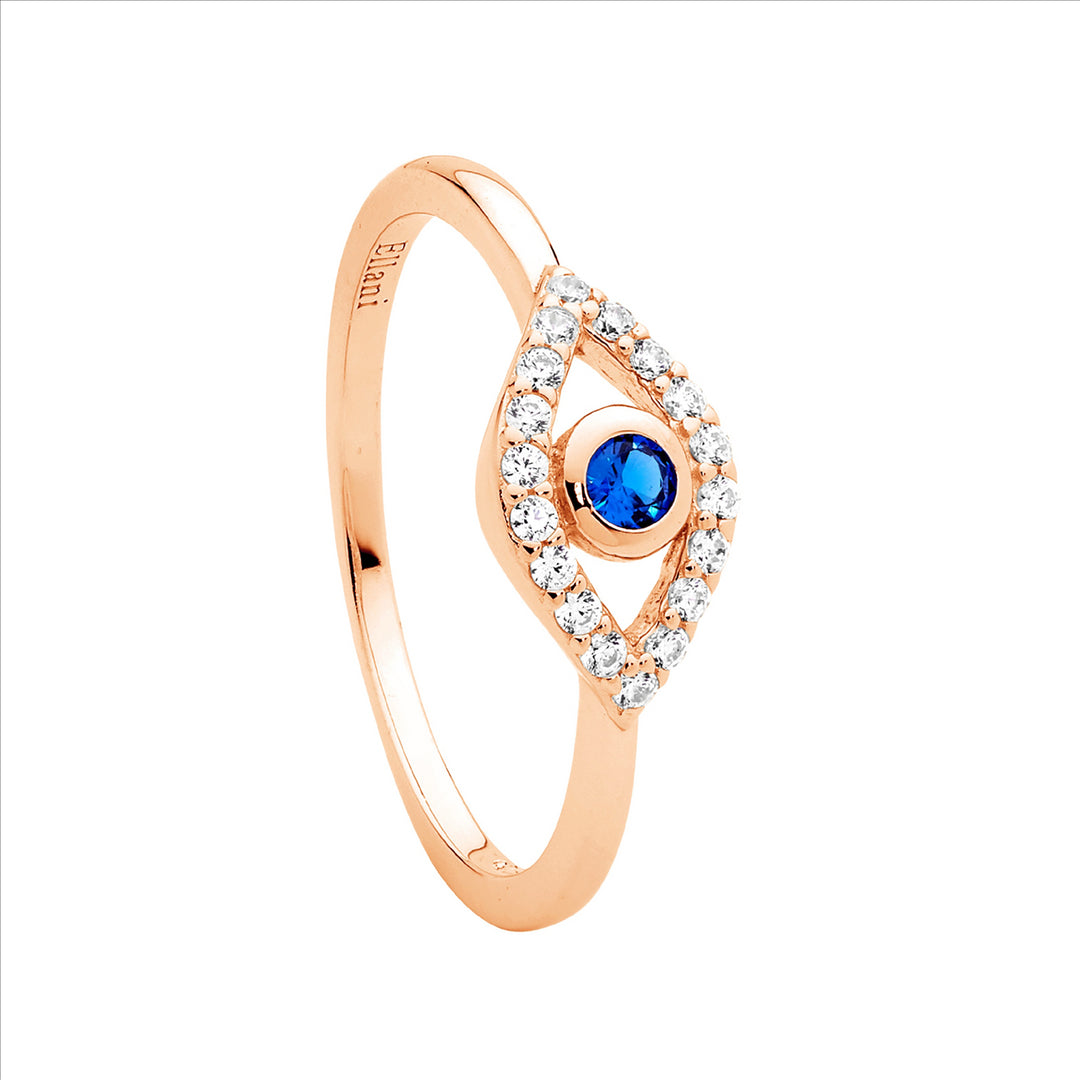 SS WH & Blue CZ bezel set Evil Eye Ring w/Rose Gold Plating