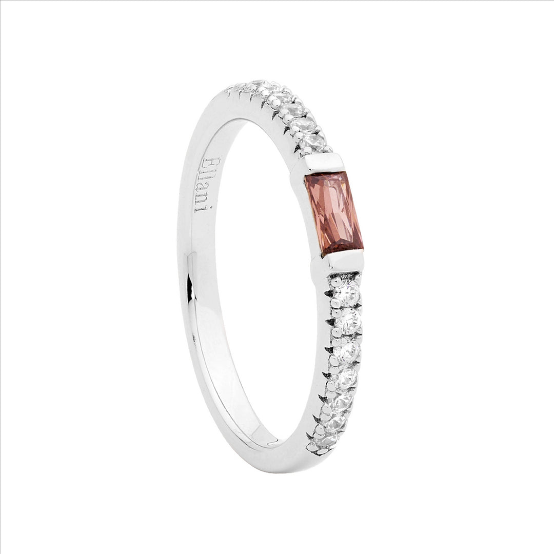SS wh cz band w/ rhodolite baguette cz ring