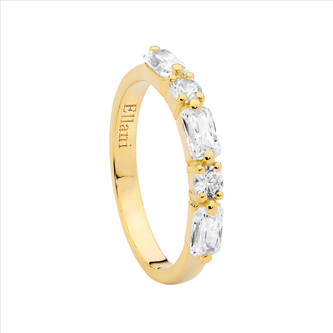 SS WH CZ round & baguette ring w/gold plating