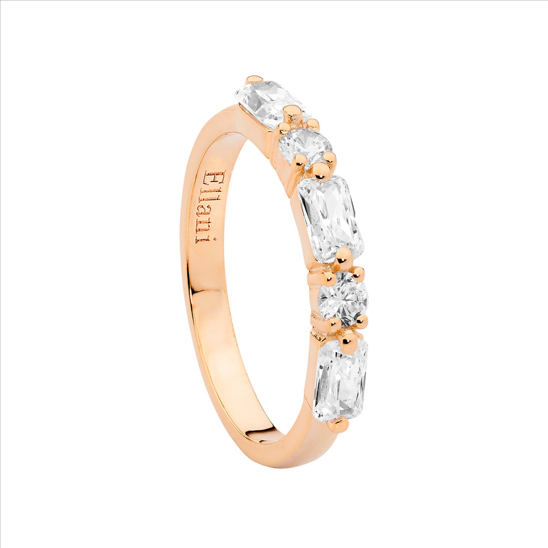 SS WH CZ round & baguette ring w/rose gold plating