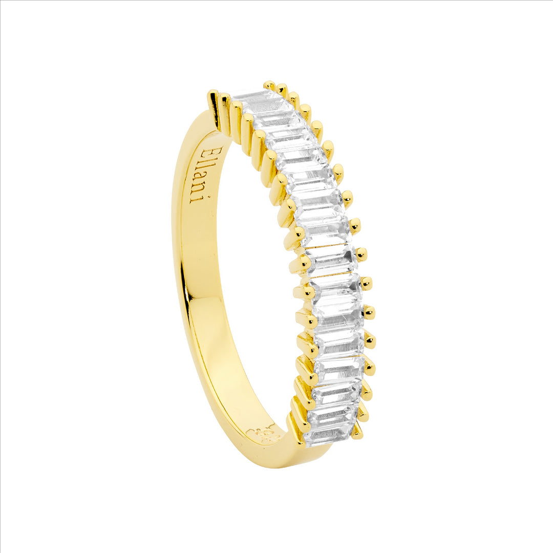 SS wh cz claw set baguette ring w/ gold plating