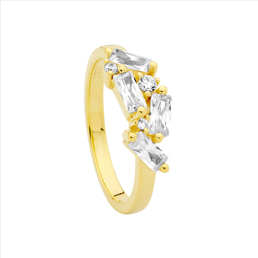 SS Staggered Rnd & Baguette WH CZ Ring w/Gold plating