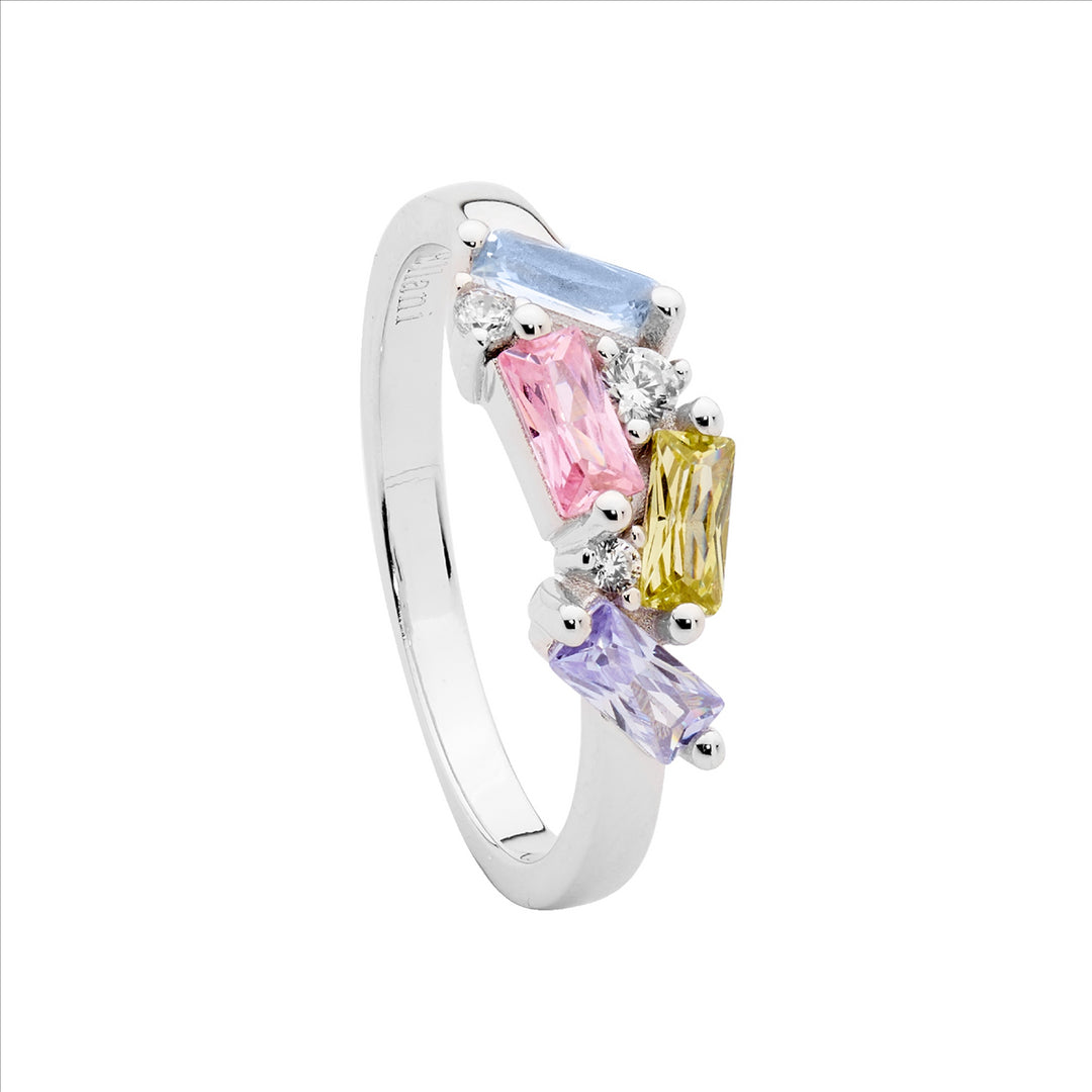SS Staggered Rnd & Baguette Pastel colour CZ Ring