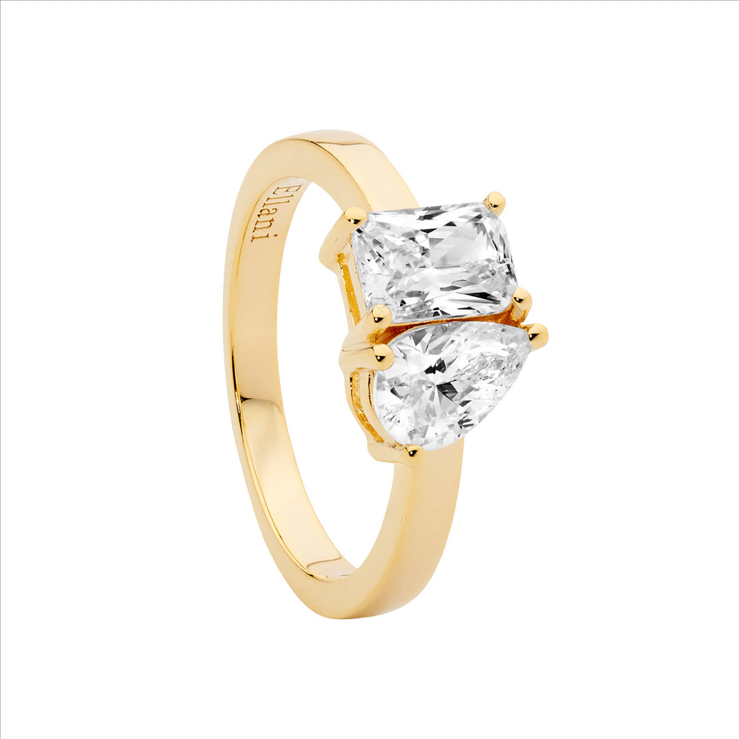 SS Emerald & Pear Cut WH CZ ring w/Gold Plating