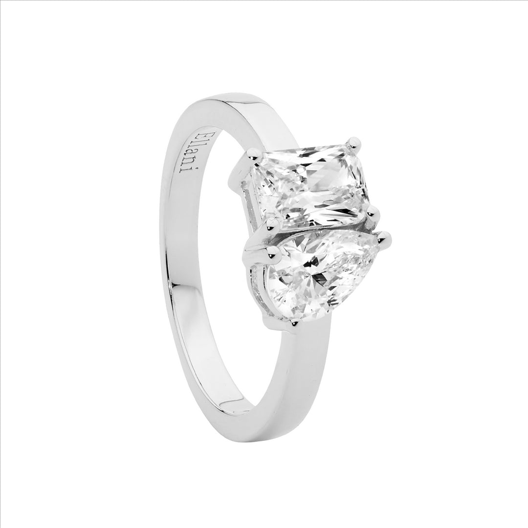 SS Emerald & Pear Cut WH CZ Ring