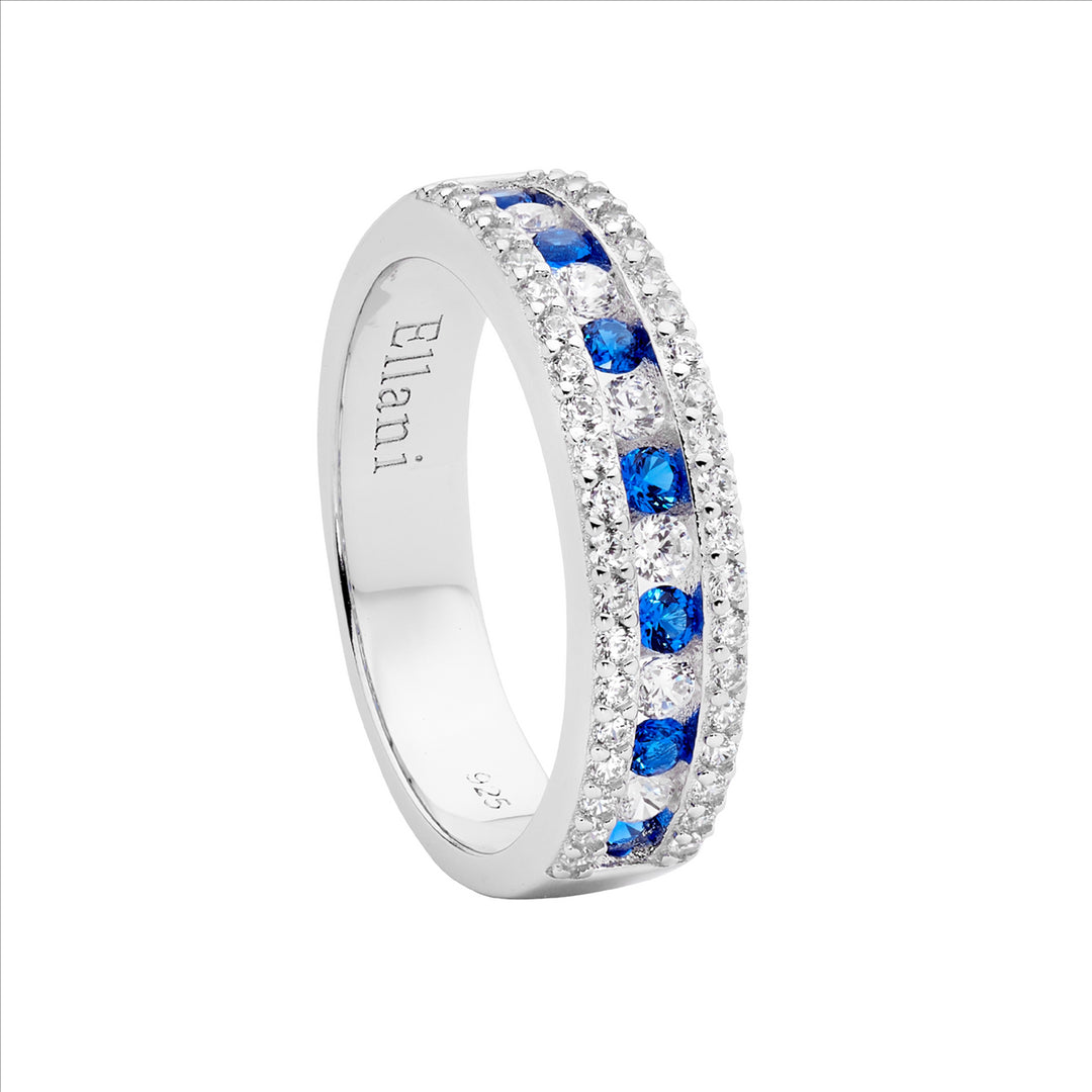 SS WH CZ Ring w/ DK Blue & WH CZ Channel Set Centre Row