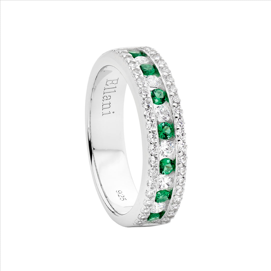 SS WH CZ Ring w/Green & WH CZ Channel Set Centre Row