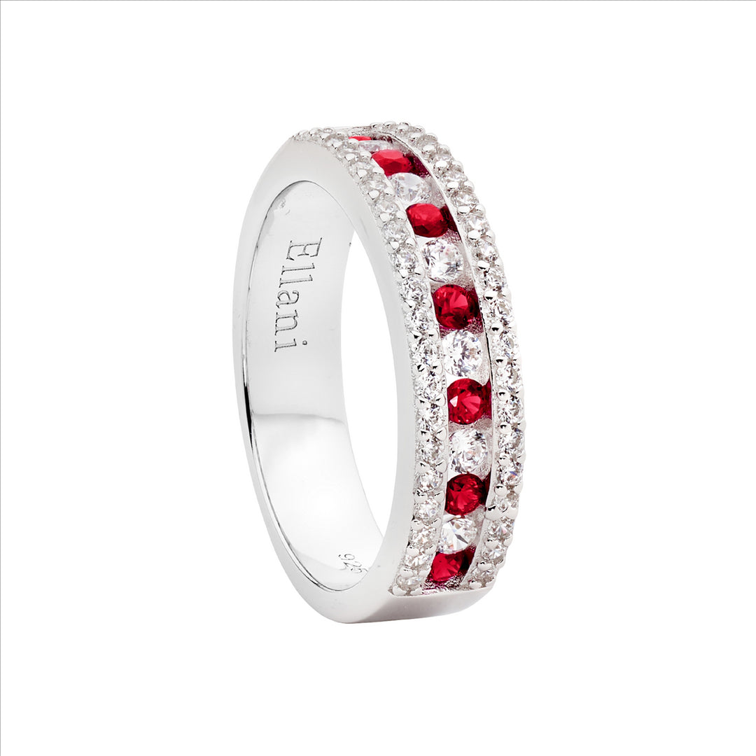 SS WH CZ Ring w/Red & WH CZ Channel Set Centre Row