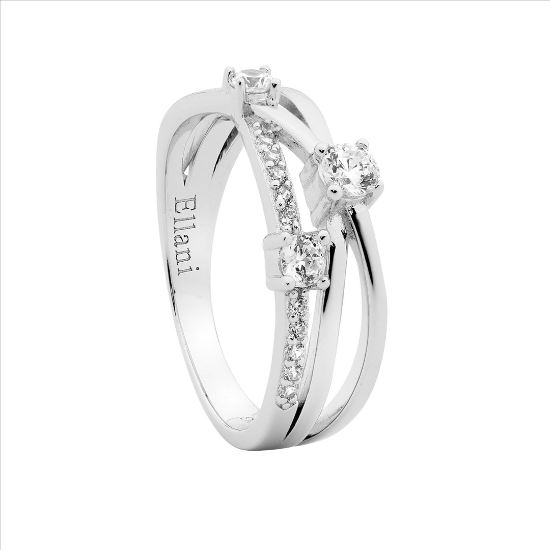 SS WH CZ Cross Over Ring w/CZ & Plain Bands