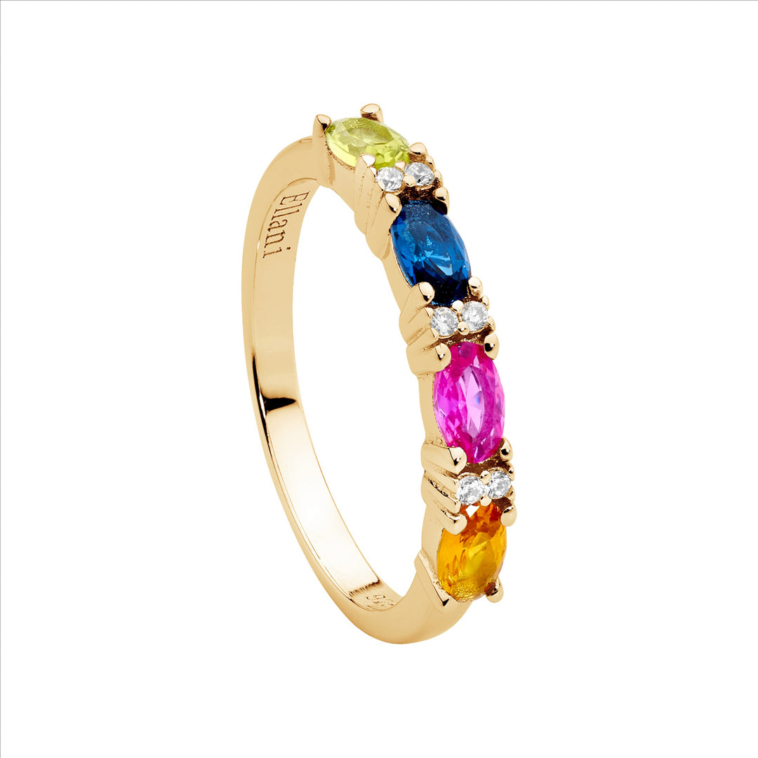 SS Multi Colour Oval & WH Rnd CZ Ring w/Gold Plating
