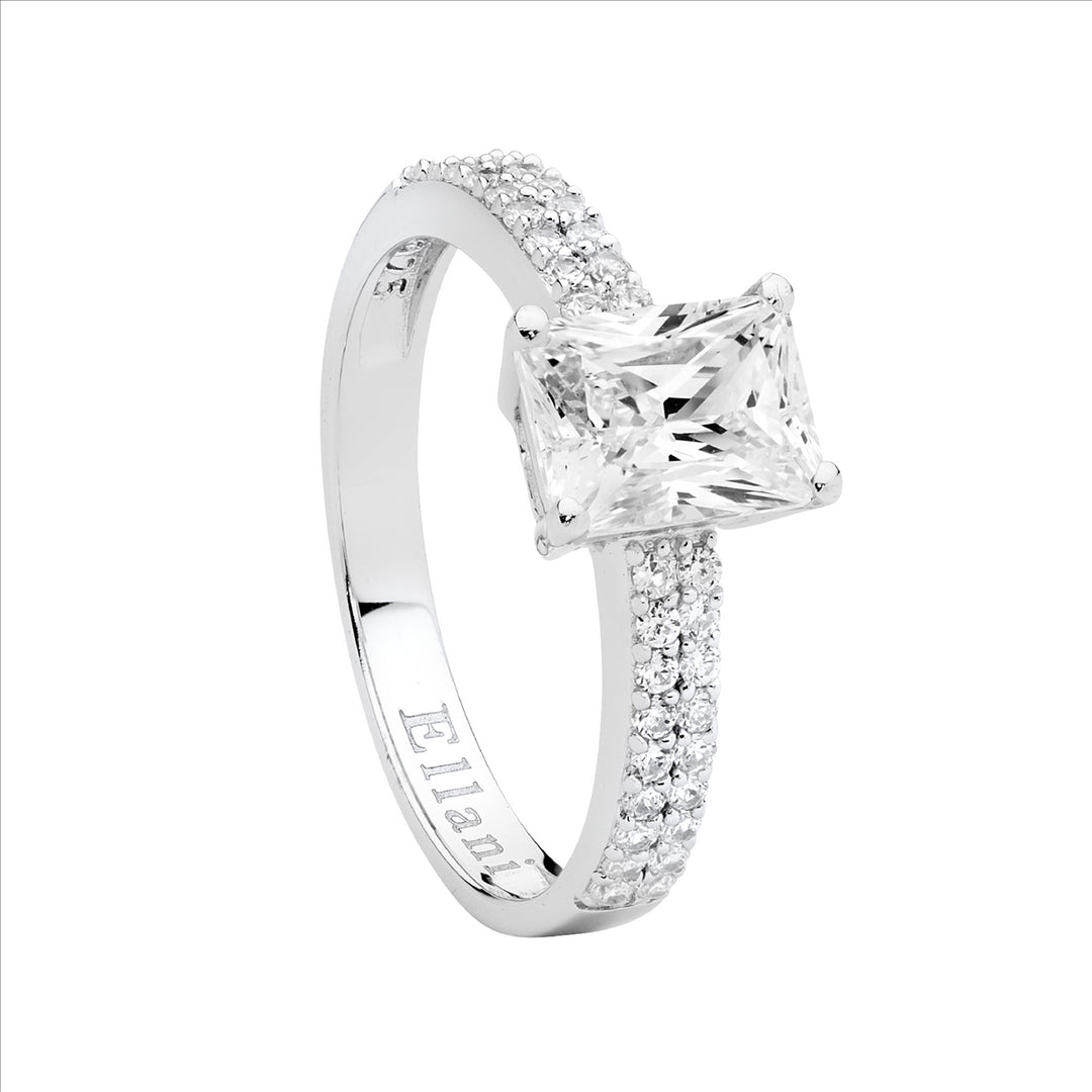 SS 6x8 solitaire w/ double row wh cz band ring