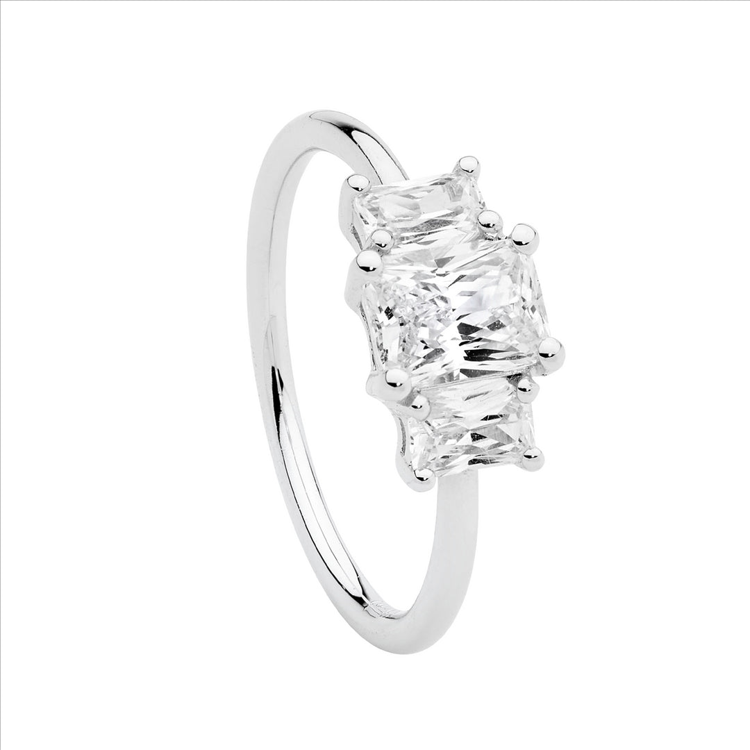 SS 3 x wh cz radiant cut ring