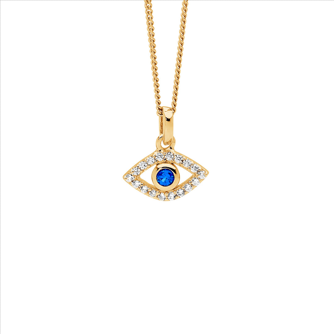 SS WH & Blue CZ Bezel Set Evil Eye Pendant w/Gold Plating