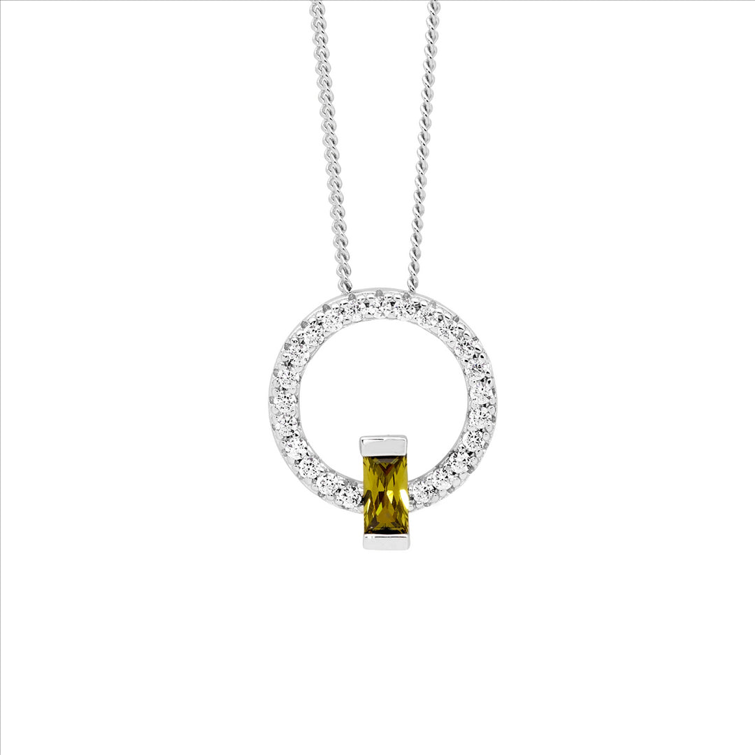 SS WH CZ 13mm Open Circle Pendant w/Peridot Baguette CZ