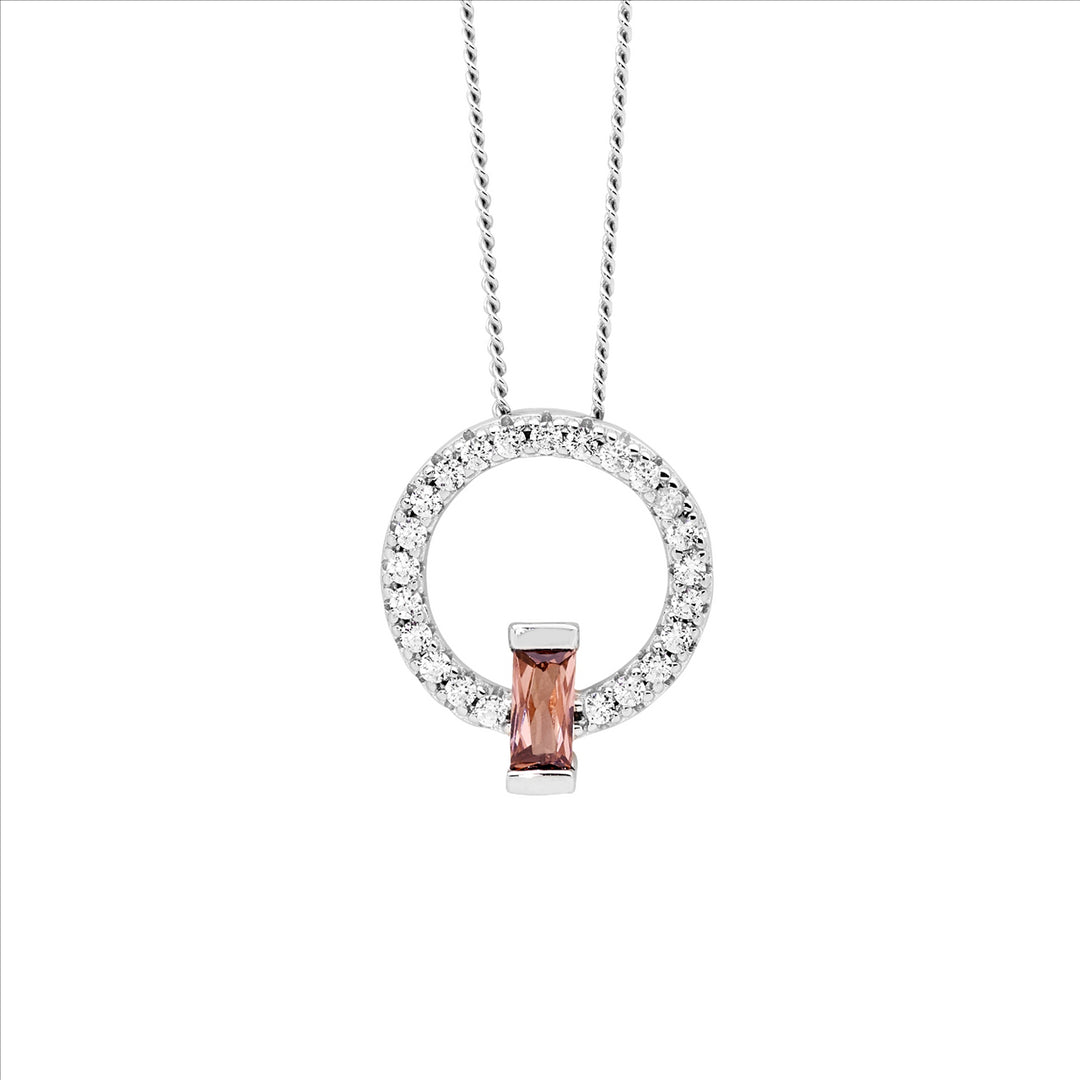 SS WH CZ 13mm Open Circle Pendant w/ Rhodolite Baguette CZ