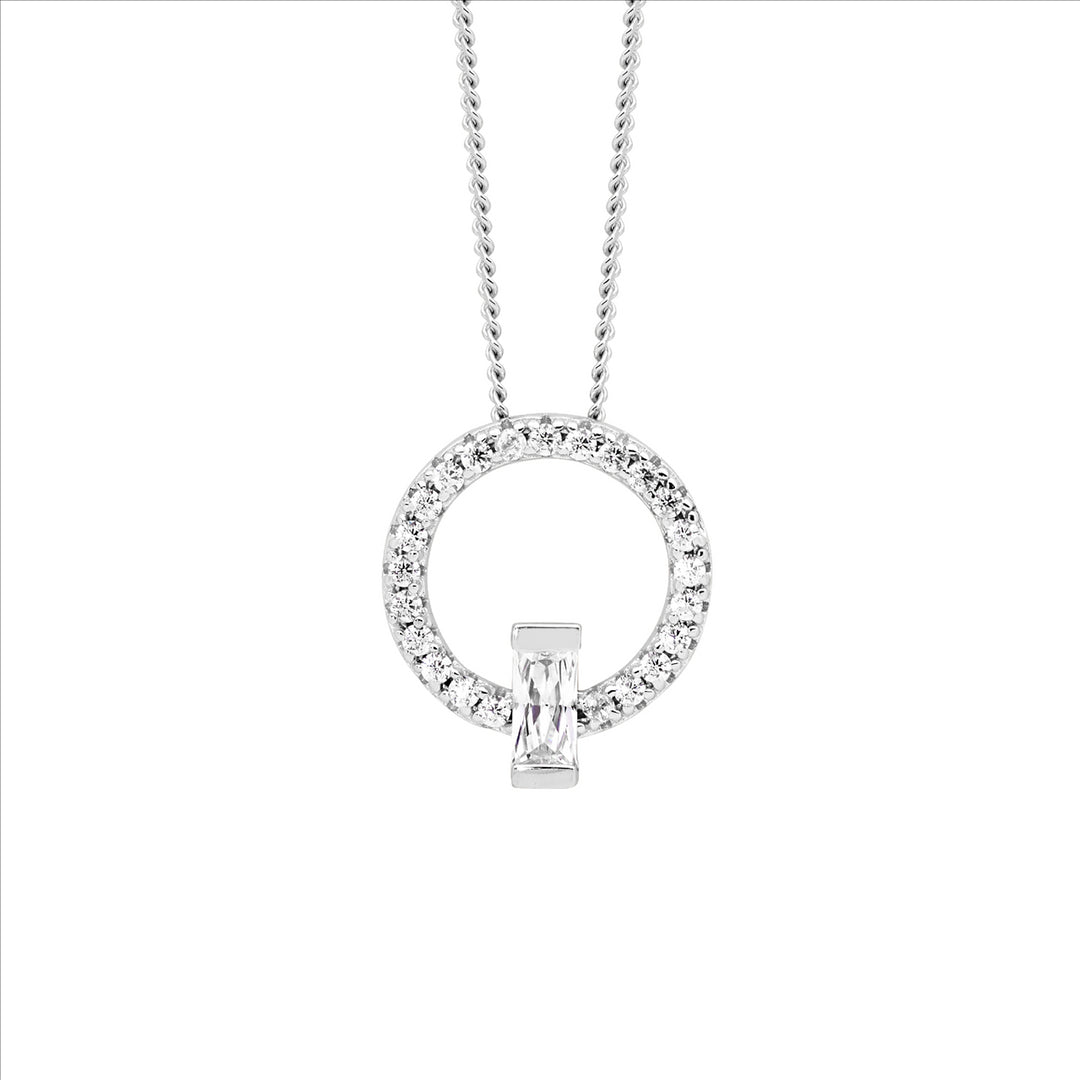 SS WH CZ 13mm Open Circle Pendant w/WH Baguette CZ