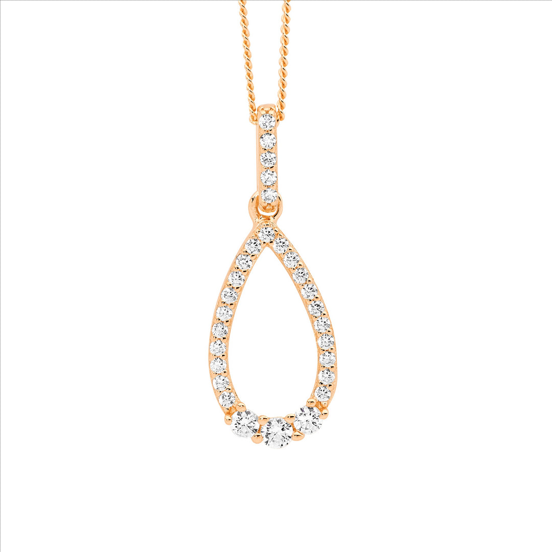 SS WH CZ Open Tear Drop Pendant, 3x CZ feature w/Rose Gold Plating