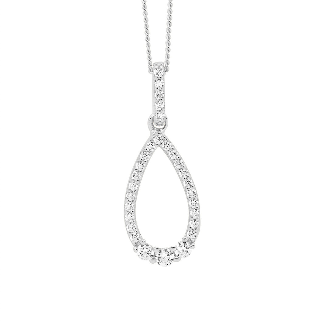 SS WH CZ Open Tear Drop Pendant, 3x CZ feature