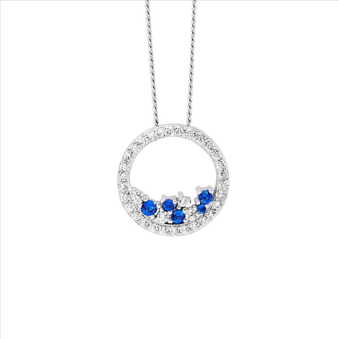 SS WH CZ 14mm Open Circle Pendant w/Scattered Blue & WH CZ