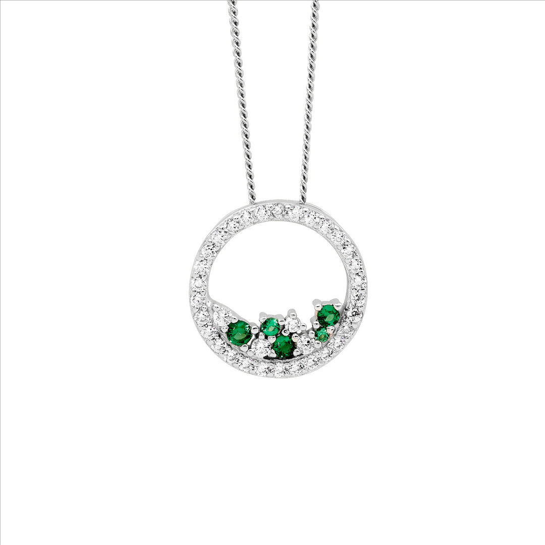 SS WH CZ 14mm Open Circle Pendant w/Scattered Green & WH CZ