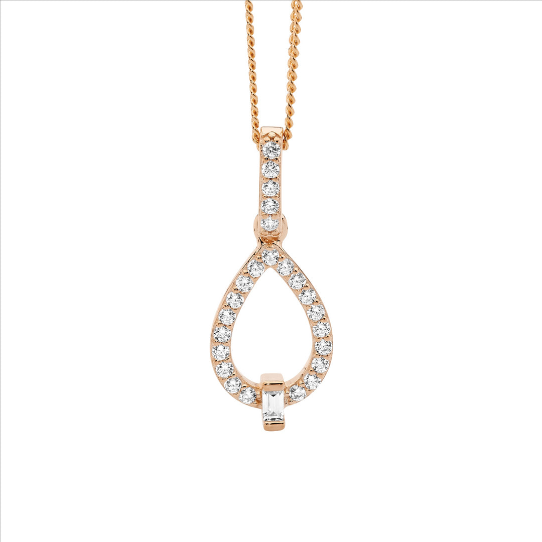 SS WH CZ Open Tear Drop Pendant w/Baguette & Rose Gold Plating