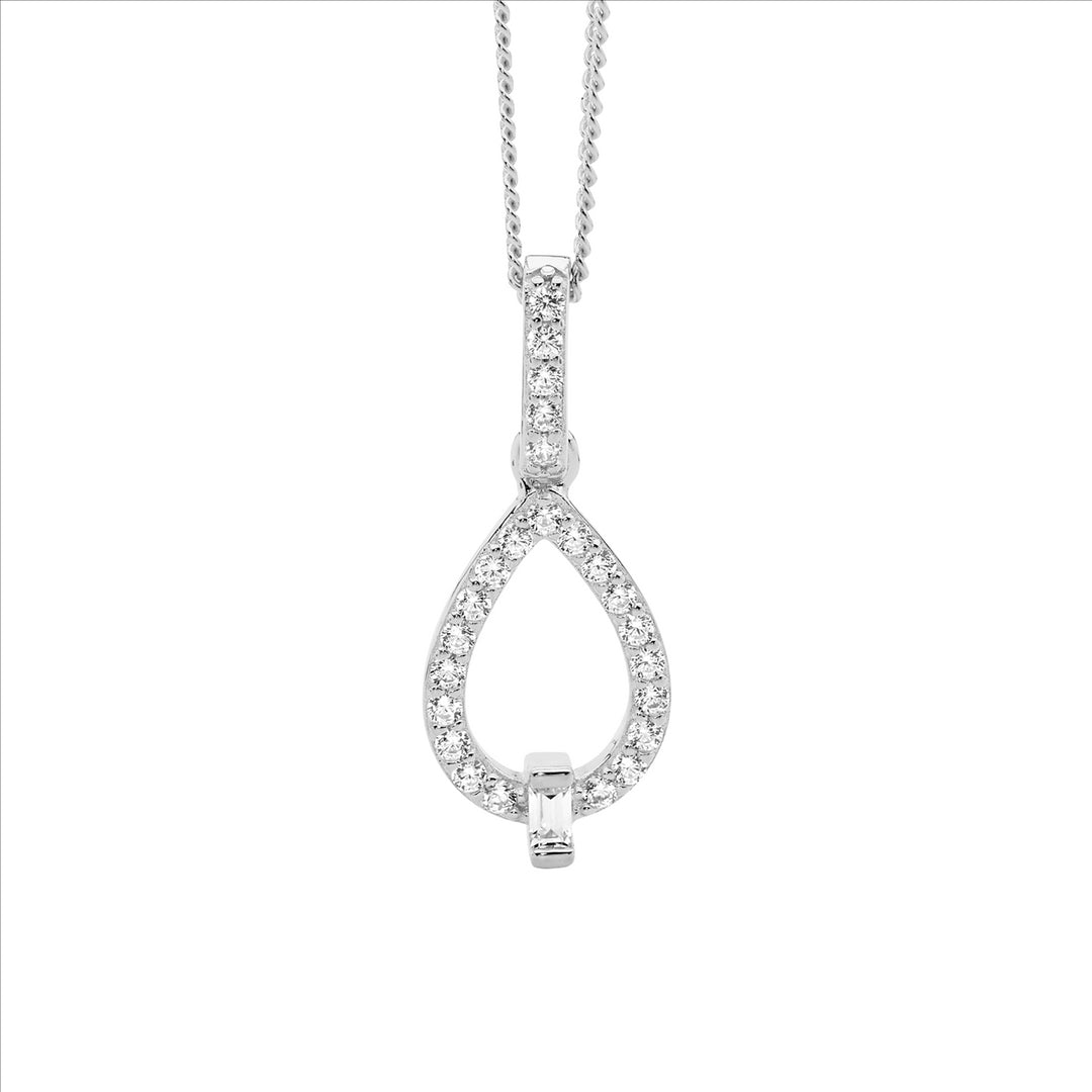 SS WH CZ Open Tear Drop Pendant w/Baguette