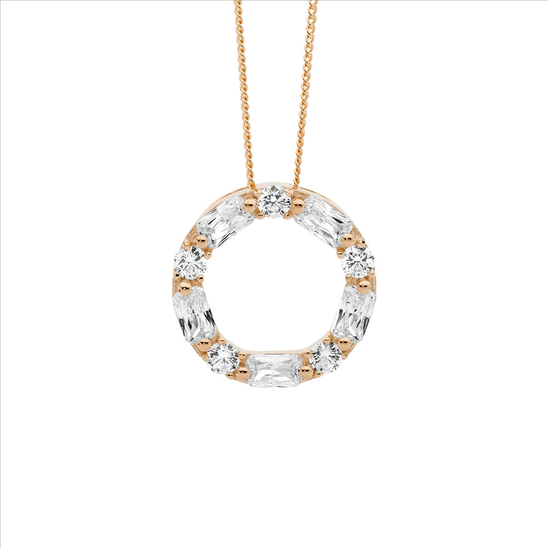 SS WH CZ Round & Baguette 18mm Circle Pendant w/Rose Gold Plating