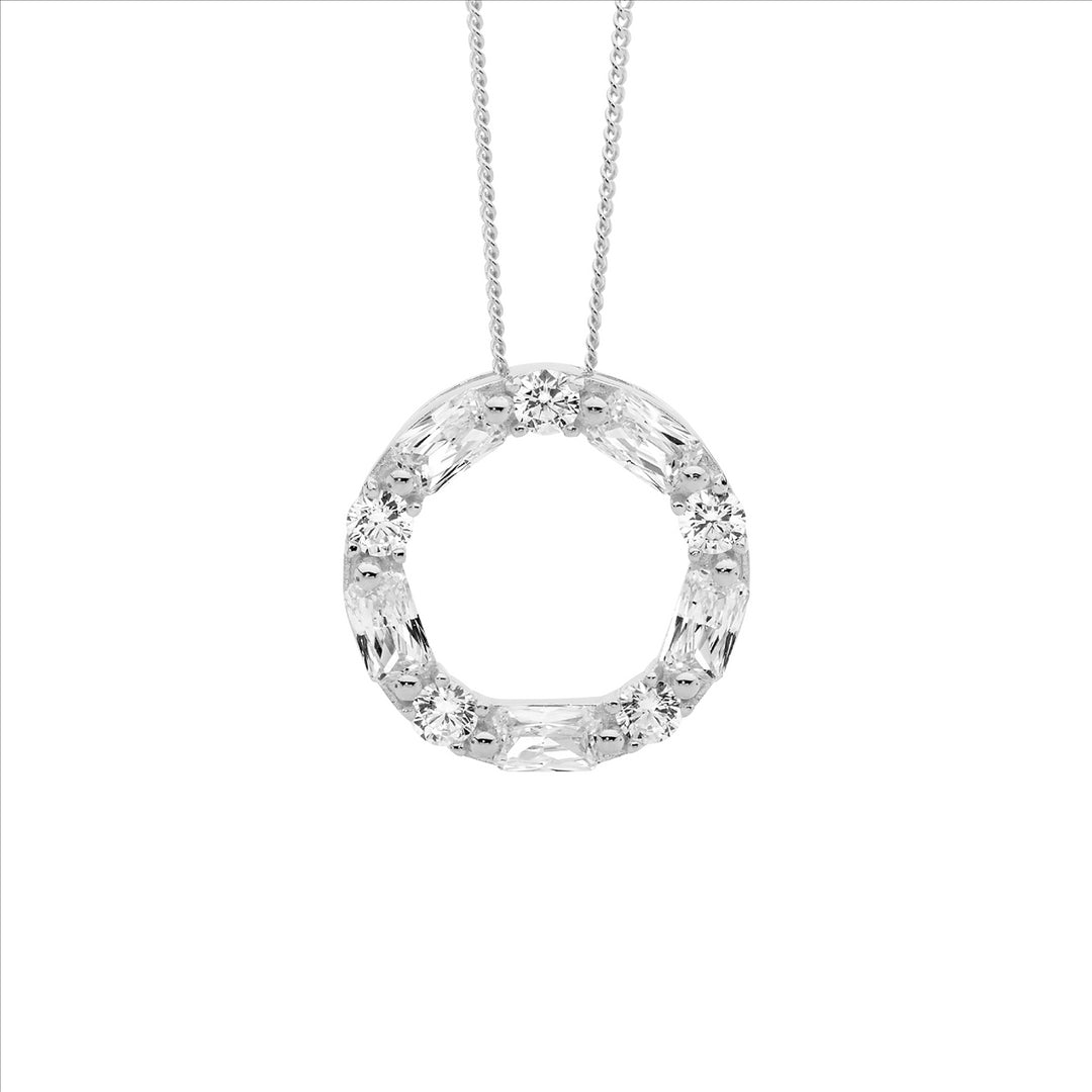 SS WH CZ Round & Baguette 18mm Circle Pendant