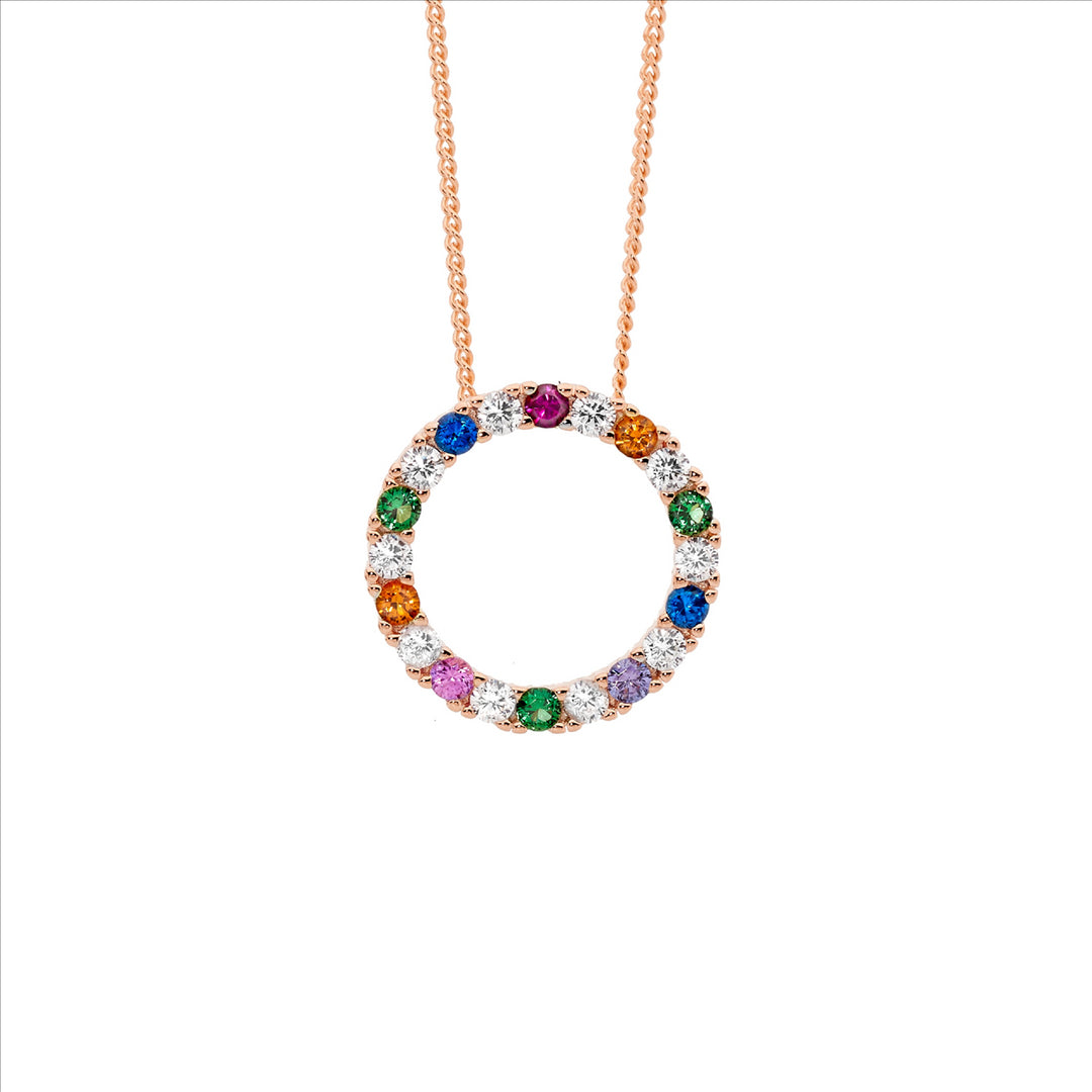 SS WH & Multi Colour CZ 16mm Open Circle Pendant w/Rose Gold Plating