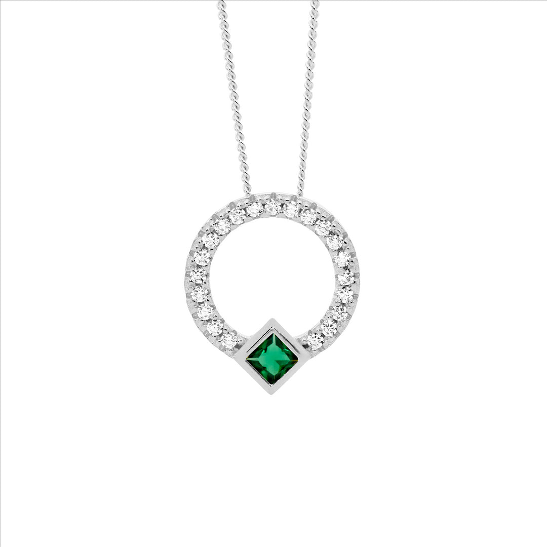 SS WH CZ 13mm Open Circle Pendant w/Green CZ Princess Cut Bezel Set