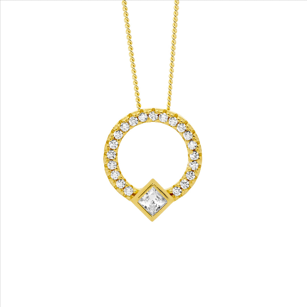 SS WH CZ 13mm Open Circle Pendant w/Princess Cut Bezel Set, Gold Plating