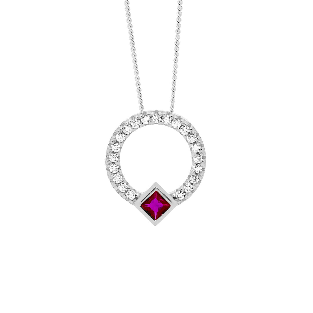 SS WH CZ 13mm Open Circle Pendant w/Red CZ Princess Cut Bezel Set