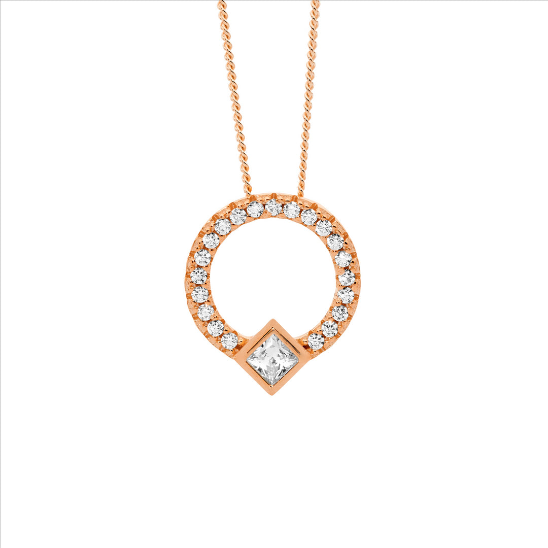 SS WH CZ 13mm Open Circle Pendant w/Princess Cut Bezel Set, Rose Gold Plating