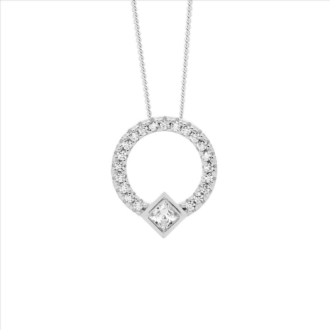 SS WH CZ 13mm Open Circle Pendant w/Princess Cut Bezel Set
