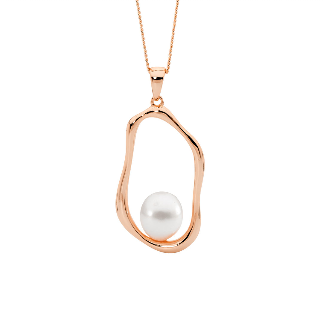 SS Open Wave Oval Pendant w/Freshwater Pearl, Rose Gold Plating