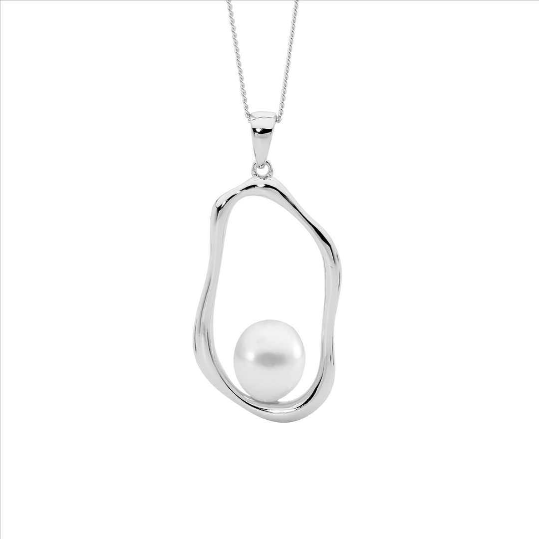 SS Open Wave Oval Pendant w/Freshwater Pearl