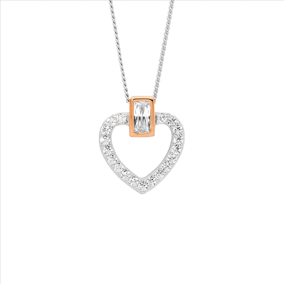 SS WH CZ Open Heart w/Rose Gold Plated Bezel Set Baguette Pendant
