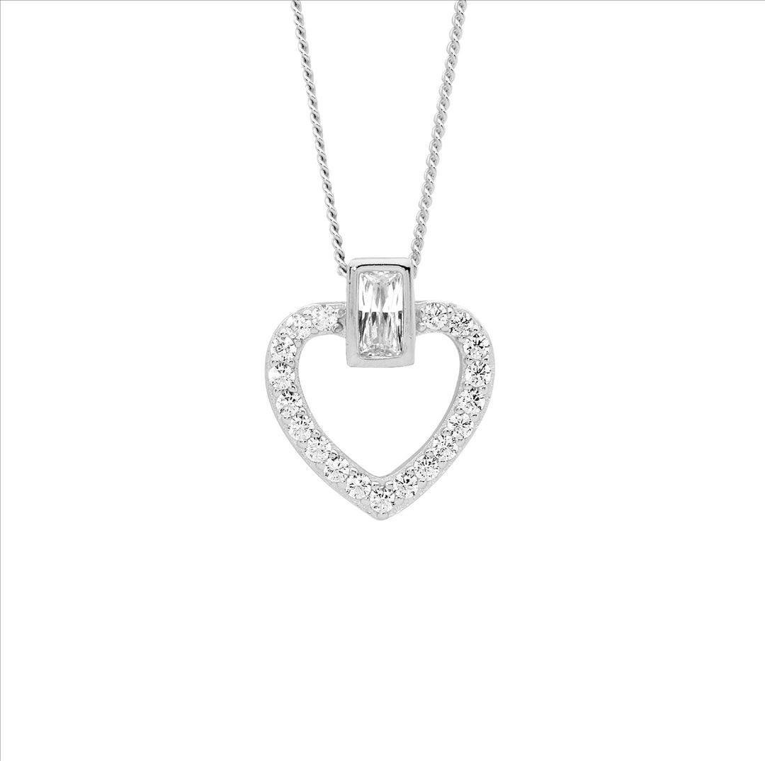 SS WH CZ Open Heart w/Bezel Set Baguette Pendant