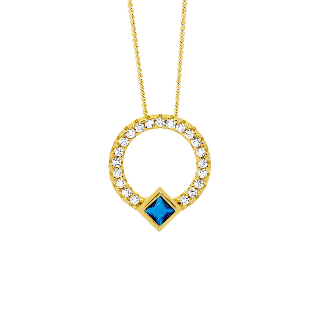 SS WH CZ 13mm Open Circle Pendant, DK Blue CZ Princess Bezel Set w/Gold Plating