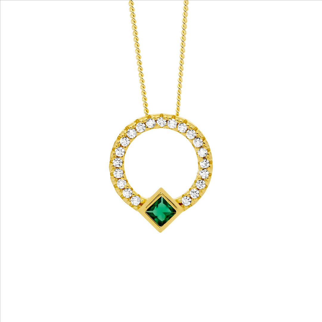 SS WH CZ 13mm Open Circle Pendant, Green CZ Princess Bezel Set w/Gold Plating