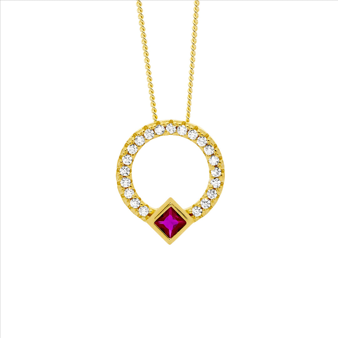 SS WH CZ 13mm Open Circle Pendant, Red CZ Princess Bezel Set w/Gold Plating
