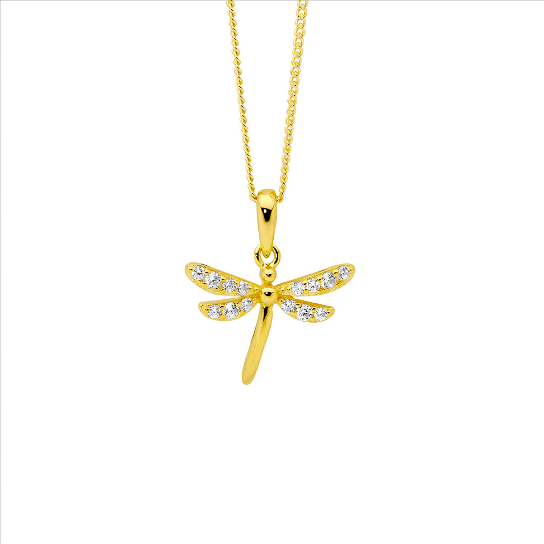 SS WH CZ Dragonfly Pendant w/Gold Plating