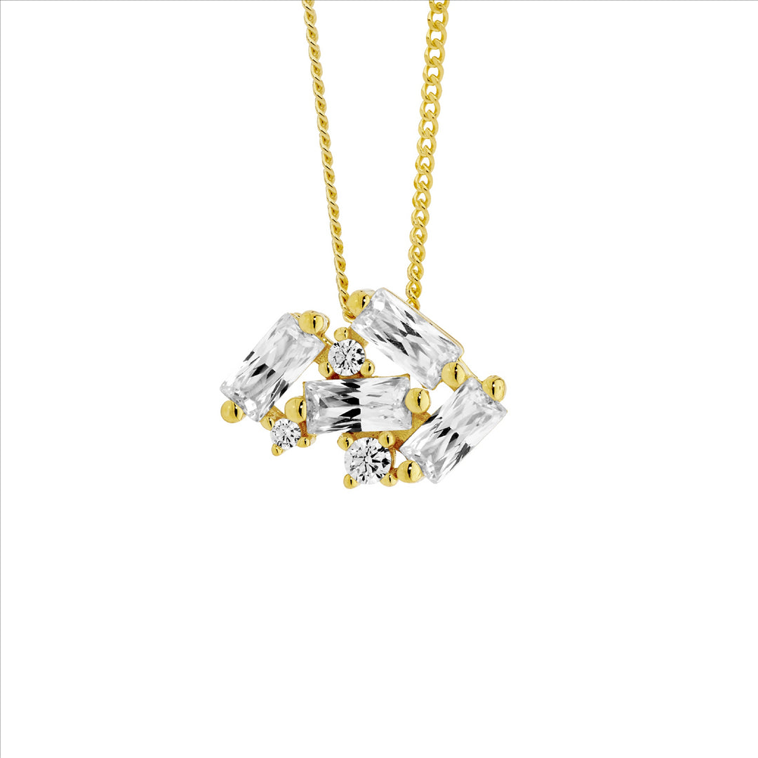 SS Staggered Rnd & Baguette WH CZ Pendant w/Gold Plating