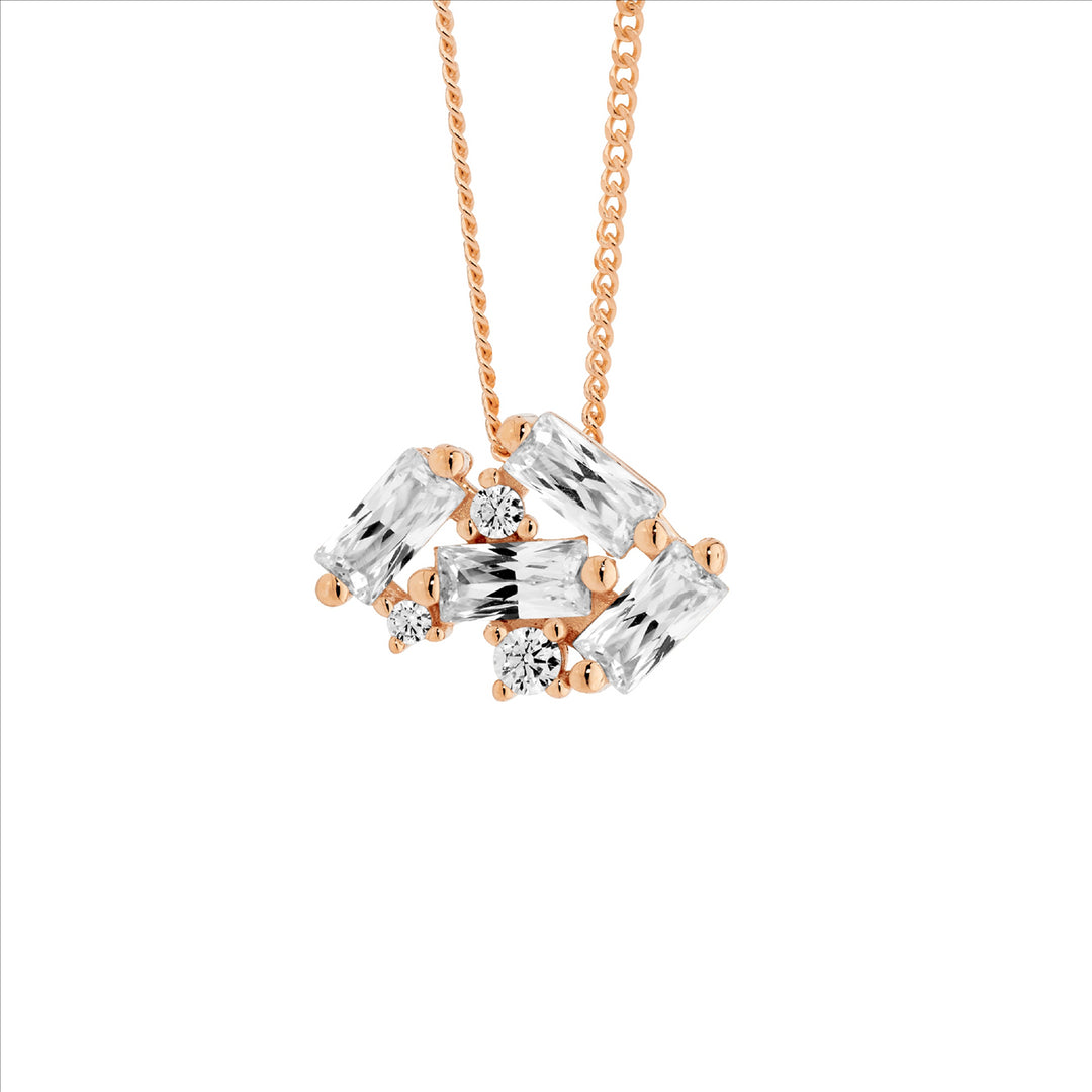 SS Staggered Rnd & Baguette WH CZ Pendant w/Rose Gold Plating